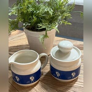 Vintage Umbrella Girl Creamer & Sugar Set Japan Cobalt Blue and White salt rain